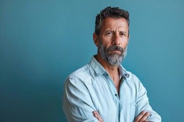 Obraz premium mature man with beard and light blue shirt on blue background