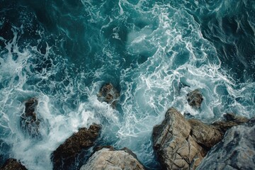 This photo captures a birds-eye view of the expansive ocean with crashing waves and rugged rocks along the coast, Surreal overhead scenery of soft sea waves dashing against rough rocks, AI Generated - obrazy, fototapety, plakaty