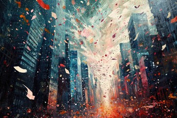 A bustling city filled with tall buildings and a varied architectural skyline, Surrealist painting of floating confetti in a dreamlike cityscape, AI Generated