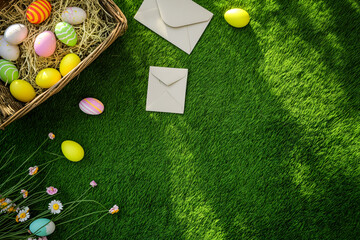 Plenty of colored easter eggs and envelopes in green meadow for Easter hunt. Top view. Free Space