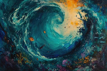 Painting of Blue and Yellow Swirl on Canvas, Swirling colors of a deep sea, teeming with marine...