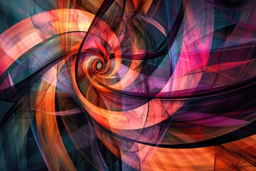 A vibrant, computer-generated spiral design in various colors stands out against a black background, Swirling geometric forms signifying an abstract alien language from the future, AI Generated
