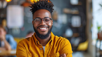 Portrait of a cheerful young man with glasses and a goatee, wearing a yellow shirt against a blurred background - obrazy, fototapety, plakaty