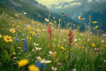 A picturesque field filled with a variety of wildflowers and daisies, set against a backdrop of majestic mountains in the distance, Swiss alpine meadow filled with wildflowers, AI Generated - obrazy, fototapety, plakaty