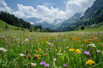 Colorful Field of Flowers With Majestic Mountains in the Background, Swiss alpine meadow filled with wildflowers, AI Generated - obrazy, fototapety, plakaty