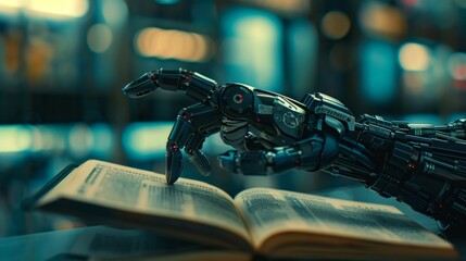 A robot hand holds an open book in front of a blurry background