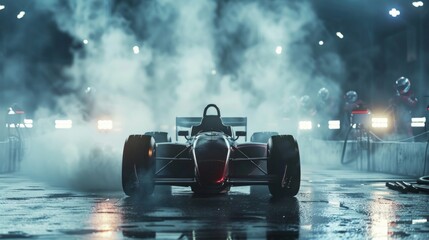 A race car speeds through a foggy parking lot, its headlights cutting through the mist as it maneuvers around the empty spaces