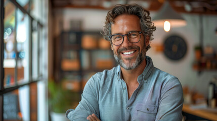 A happy middle-aged man with glasses smiles warmly in a well-lit, comfortable cafe setting - obrazy, fototapety, plakaty