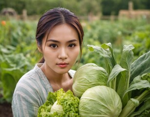 Portrait of a young woman with a harvest of vegetables in the garden. AI generation