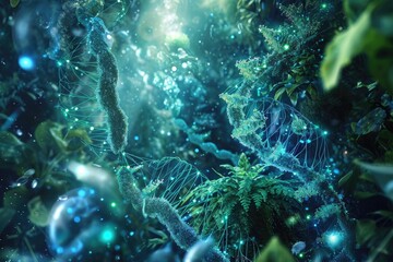 Fototapeta na wymiar A vivid digital painting depicting various plants surrounded by bubbles, creating a lively and captivating garden scene, Synthetic biology concept revealing a manufactured ecosystem, AI Generated