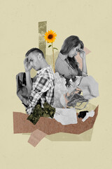 Vertical creative photo collage young couple man woman despair depressed breakup argument sunflower between drawing background