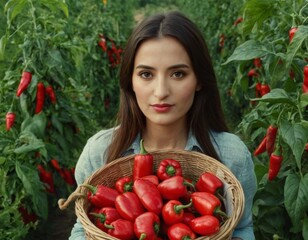 Portrait of a young woman with a harvest of vegetables in the garden. AI generation
