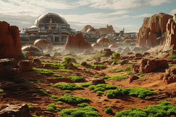 A view of a technologically advanced city nestled amidst verdant vegetation and rugged rock formations, Terraformed Martian landscape with settlements and greenery, AI Generated - obrazy, fototapety, plakaty