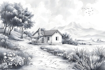 Spring Landscape Illustration. Pencil Drawing