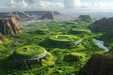Aerial View of a Lush Green Valley With Curving River and Rolling Hills, Terraformed Martian landscape with settlements and greenery, AI Generated - obrazy, fototapety, plakaty