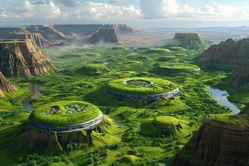 Foto op Canvas Aerial View of a Lush Green Valley With Curving River and Rolling Hills, Terraformed Martian landscape with settlements and greenery, AI Generated © Iftikhar alam