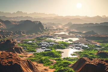 A stunning view of a majestic mountain range with a tranquil lake nestled in the middle, reflecting the grandeur of nature, Terraformed Martian landscape with settlements and greenery, AI Generated