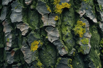 A detailed view of the textured bark of a tree, showcasing the lush and vibrant green moss that has grown on its surface, Texture features of a moss-covered tree bark, AI Generated - obrazy, fototapety, plakaty