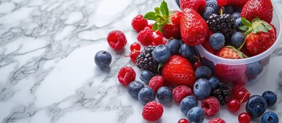 A bucket filled with vibrant berries and raspberries is overflowing, resting on a luxurious marble...