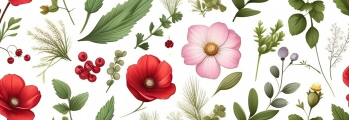 Set of floral elements. Romantic flower collection with flowers, twigs, leaves, herbs and berries. design isolated on white background  - obrazy, fototapety, plakaty