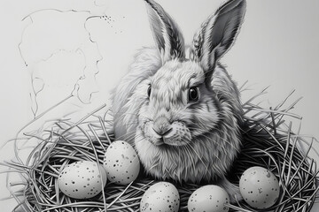 The Easter Bunny. Black Ink On White Paper Illustration