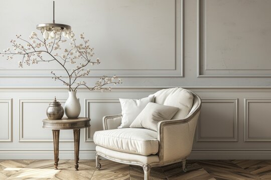 Inviting modern classic minimalist reading nook with a cozy armchair, simple shelving, and soft natural light © Rozeena