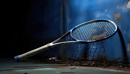 Blue tennis racket lying on the line between inner part ond outer
