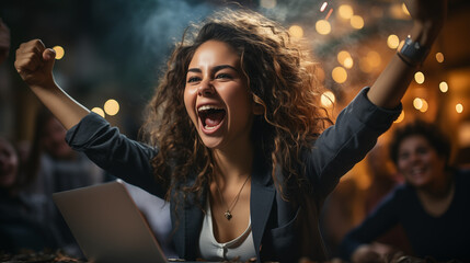 Joyful woman celebrating success with raised fist, excitement in a lively bar setting with a laptop.