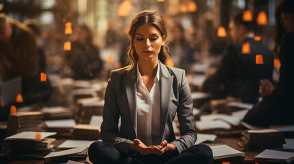 Serene businesswoman meditating among scattered paperwork, a tranquil moment in a busy office setting.