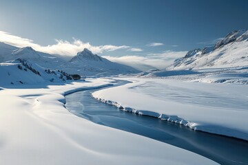 River Flowing Through Snowy Landscape, The chilling beauty of a frozen river winding through a snow covered valley, AI Generated