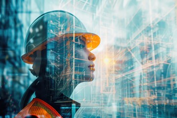 A Man in a Hardhat Looking Out of a Construction Site Window, The commitment of engineers to a futuristic construction project shown through double exposure, AI Generated