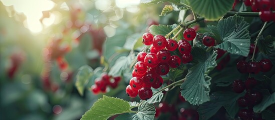 A cluster of vibrant, fresh redcurrant berries hanging from a lush shrub, bursting with freshness. These stunning redcurrant berries adorn a bountiful tree, adding a pop of color to the surroundings.