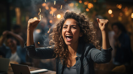 Exuberant young woman with fists raised in triumph, celebrating a joyful moment at a vibrant social gathering.