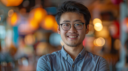 A cheerful young Asian male with glasses in a casual shirt, with a blurred background - obrazy, fototapety, plakaty