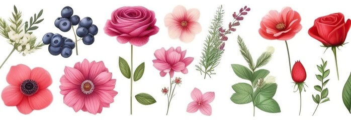 Set of floral elements. Romantic flower collection with flowers, twigs, leaves, herbs and berries. design isolated on white background 