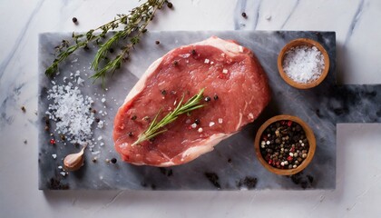 raw fresh beef steak with rosemary, pepper and salt on marble board, cooking process close up