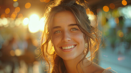 Glowing young woman smiling with a sunset backlight, evoking optimism and happiness - obrazy, fototapety, plakaty