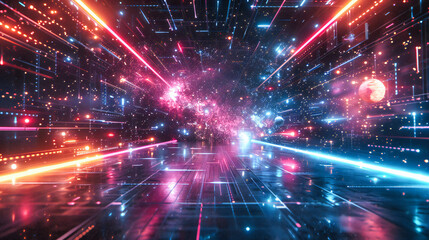 Obraz premium Abstract Cosmic Tunnel, Futuristic Space Travel, Glowing Neon and Starry Energy, Science Fiction Background