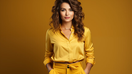 Elegant woman in a chic yellow blouse and matching trousers, styled with effortless grace