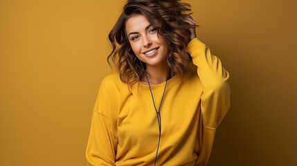 Charming woman in a casual yellow sweatshirt, her playful hairstyle enhancing her radiant smile.