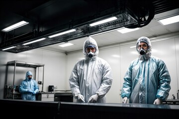 Scientist in full hazmat gear in a radiation-controlled environment science lab
