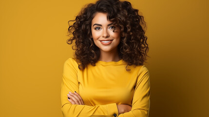 Vivacious woman in a bright yellow dress shirt, her curly hair perfectly framing a beaming smile.