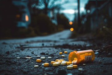 A photograph capturing a discarded bottle of pills left unattended on the side of a road, The destructive path of opioid abuse, AI Generated