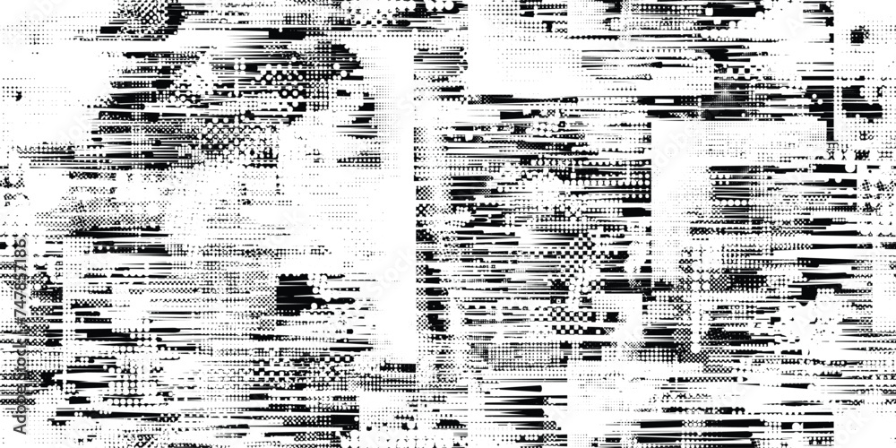 Fototapete Glitch distorted grungy abstract forms . Blob shape organic seamless pattern texture. Fluid shapes .Grunge textured . Liquid vector shapes with speed lines .Screen print endless pattern texture