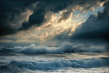 A large body of water stretches out as clouds loom overhead, creating a mesmerizing reflection, The dramatic clash of sunlight and storm clouds over the ocean, AI Generated - Powered by Adobe