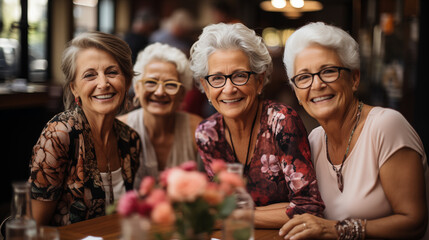 Four joyful senior women sharing a genuine moment of laughter and companionship at a café