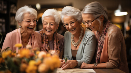 Four senior friends sharing a hearty laugh together, with joyful expressions and a beautiful floral backdrop.