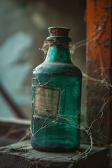 An old small bottle - vial with a green glass stopper with poison or medicine with an old yellowed...