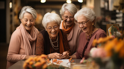 A quartet of senior ladies immersed in joyful camaraderie, laughter lighting up the café ambiance.