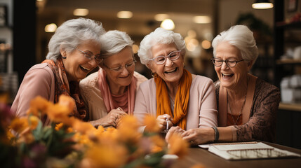 Elderly friends share a moment of joy, their laughter as vibrant as the autumnal blooms before them.